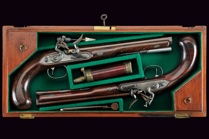 Paio di pistole a pietra focaia di Wogdon & Barton in cassetta