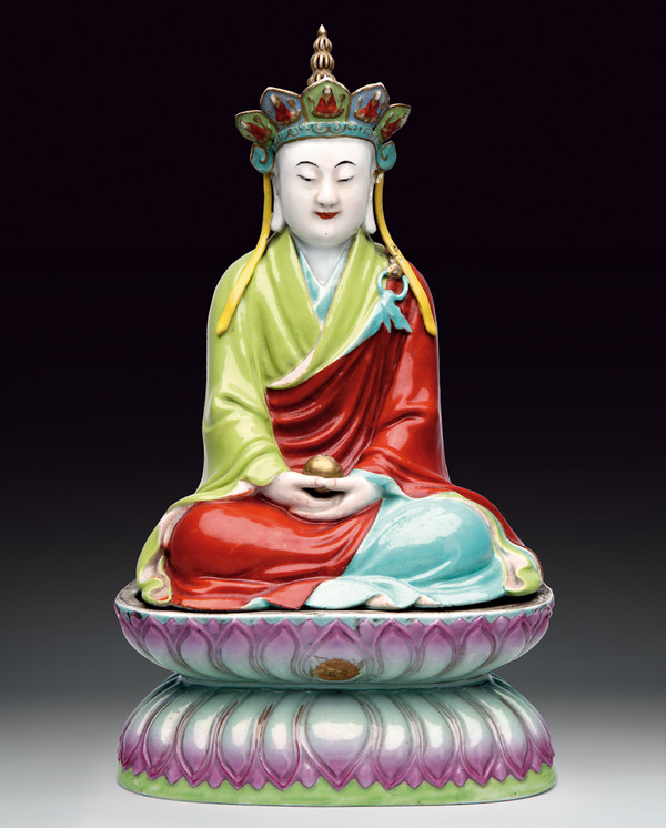  Figura in porcellana famiglia rosa raffigurante Ksitigarbha