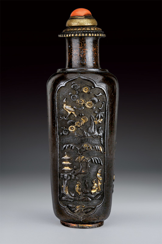 Rarissima snuff bottle in bronzo parzialmente dorato