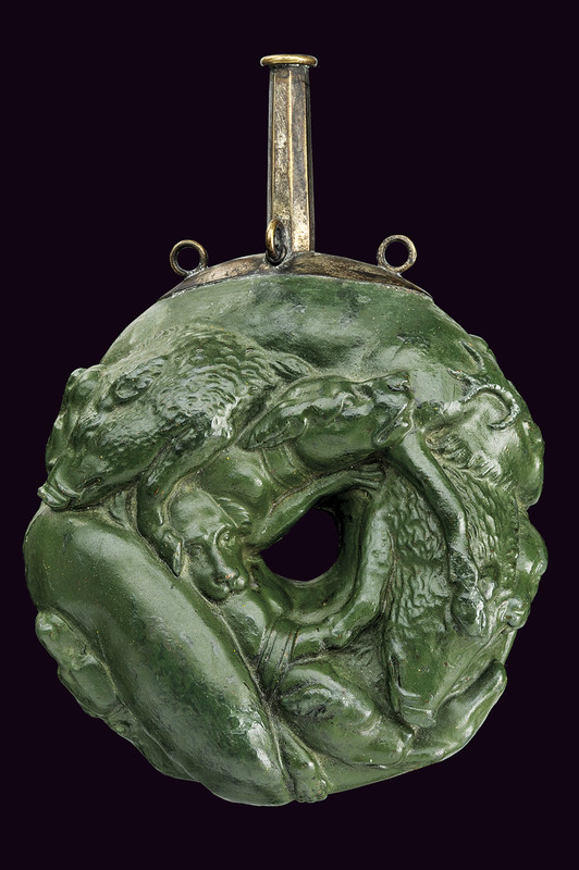 Fiasca da polvere in terracotta alla maniera di Michael Maucher