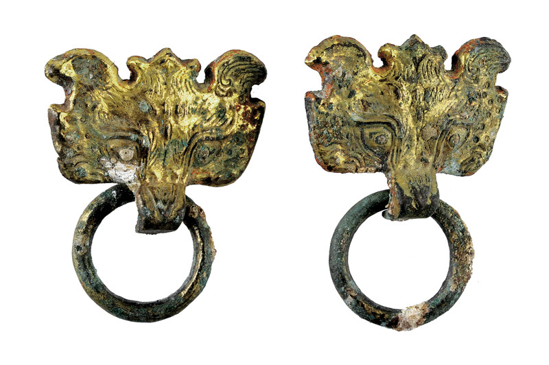 Paio di ornamenti in bronzo dorato epoca Han