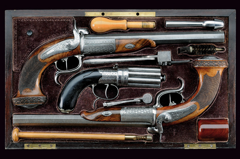 Raro paio di pistole a spillo Beringer con un revolver pepperbox a otto colpi, in cassetta