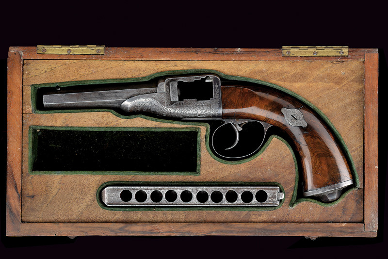 Rarissima pistola a retrocarica Jarre a dieci colpi, in cassetta