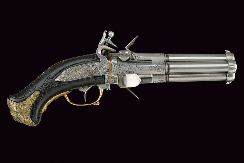 Bellissima pistola a pietra focaia a quattro colpi, nello stile del 1730