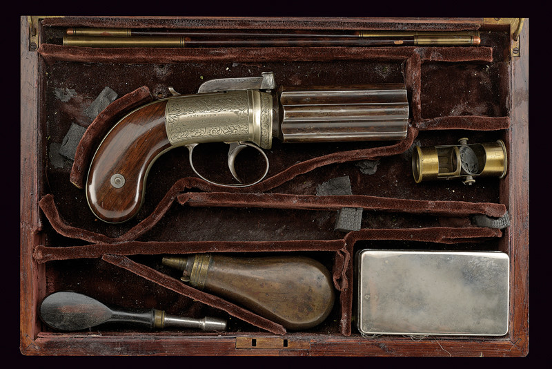 Bel revolver pepperbox a luminello di Charles James Smith in cassetta