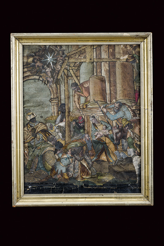 Raro quadro dipinto e ricamato raffigurante l'Adorazione dei Magi