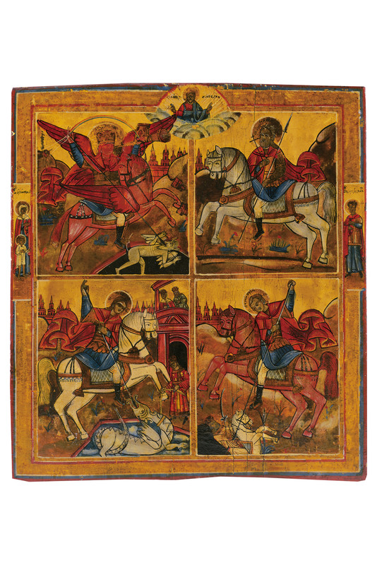 Quattro spalti con i santi a cavallo Arcangelo Michele, Mena, Giorgio e Dimitri