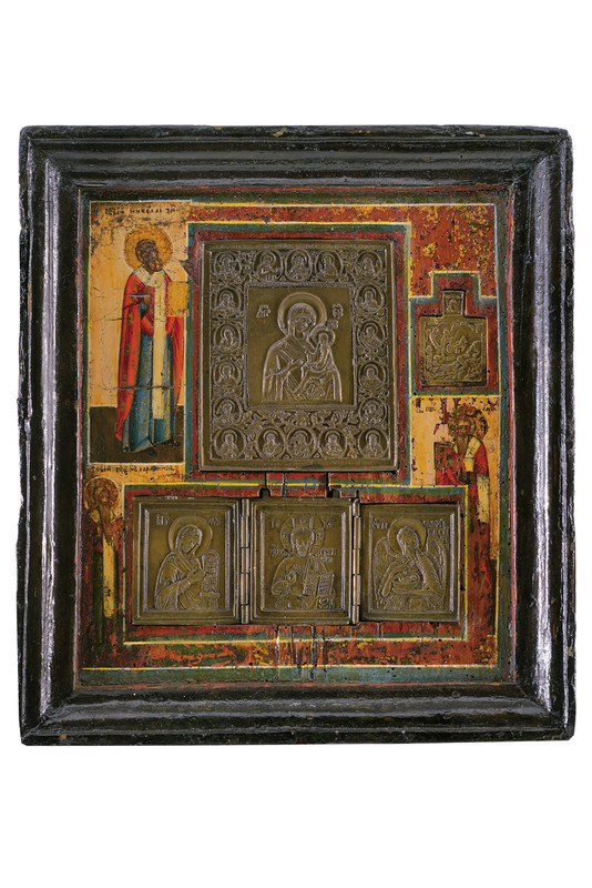 Iconoteca con tre icone di bronzo