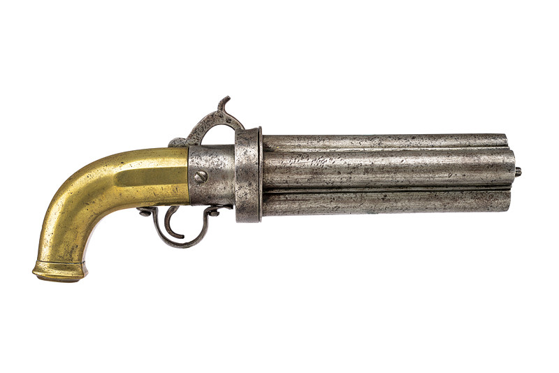 Raro pepperbox revolver a luminello di grande calibro a quattro canne