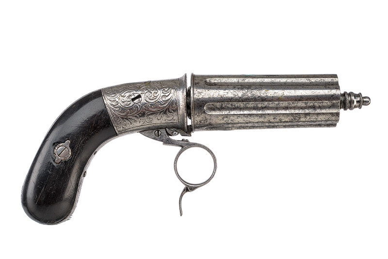 Raro pepperbox revolver a percussione anulare a sei colpi