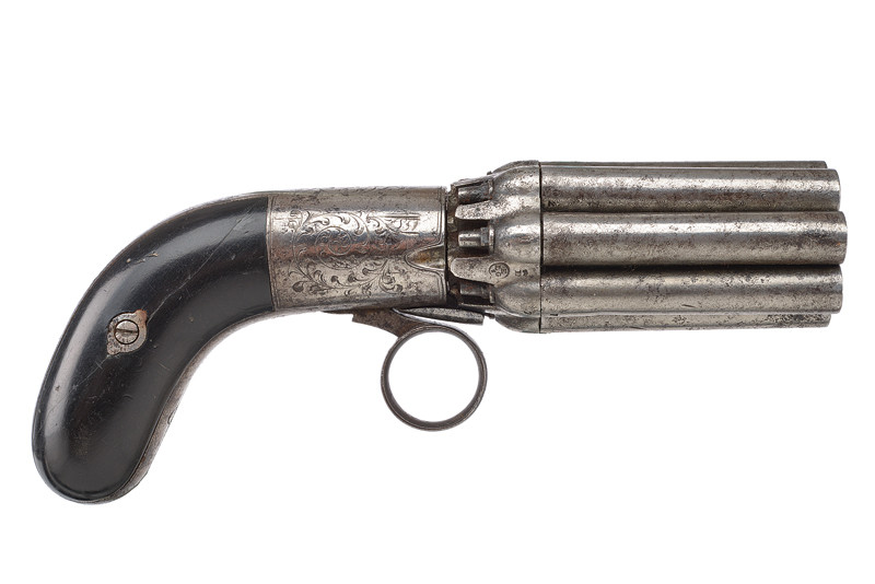 Raro pepperbox revolver a luminello a sette canne