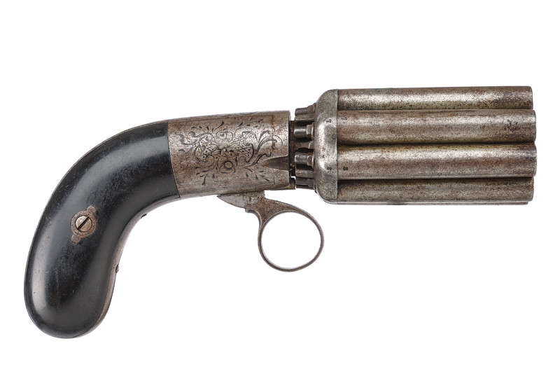 Raro pepperbox revolver a luminello a otto canne