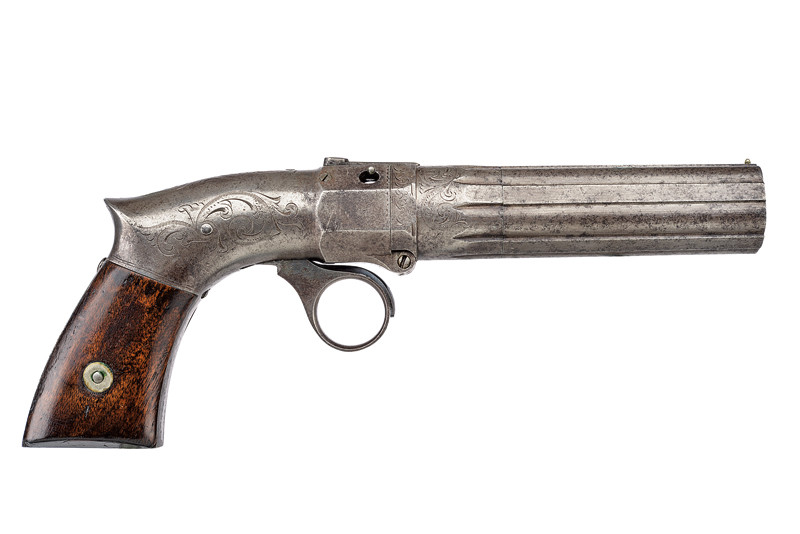 Rarissimo pepperbox revolver a luminello a cinque colpi di Robbins and Lawrence