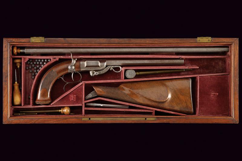 Rarissima Pistola - Carabina con sistema Beringer a luminello, in cassetta di Colombo