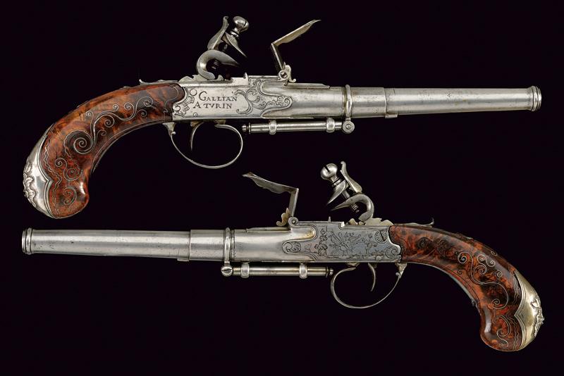 Rarissima coppia di pistole a pietra focaia a semi-retrocarica di Gallian