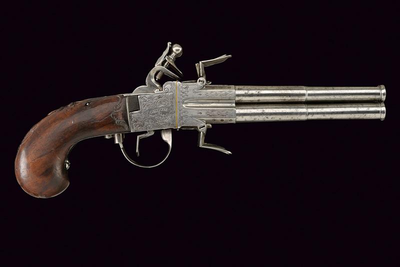 Rara pistola a pietra focaia a quattro canne