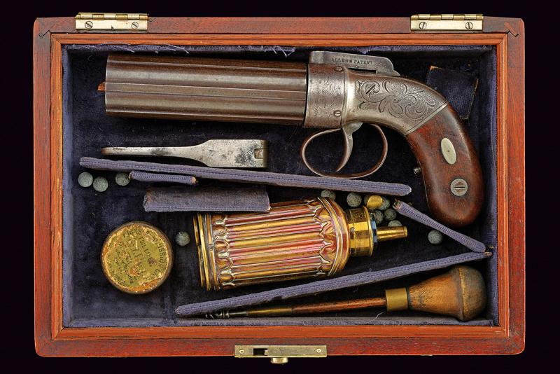 Pepperbox revolver a luminello di Allen & Thurber in cassetta