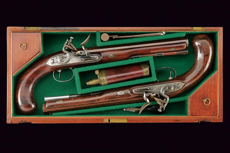 Paio di pistole a pietra focaia di Wogdon & Barton in cassetta