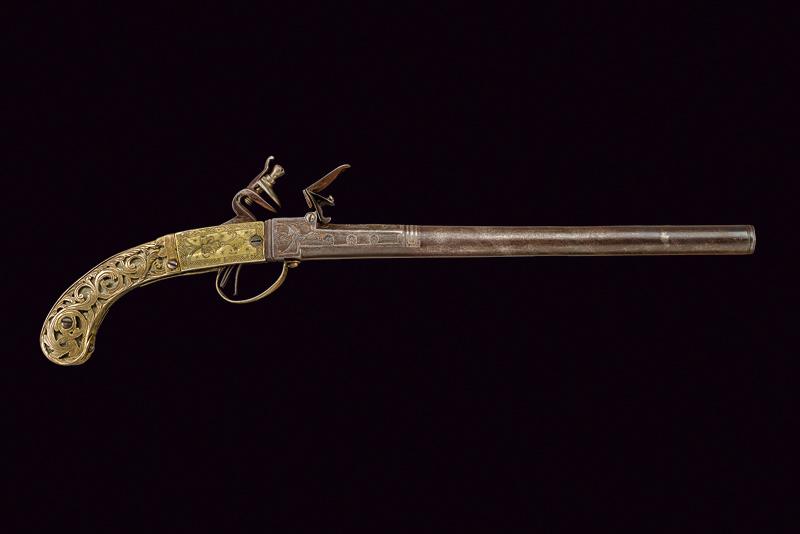 Rara pistola in stile Queen Anne a pietra focaia