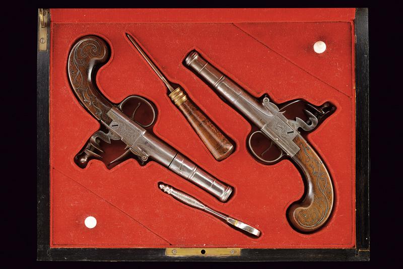 Paio di mazzagatti a semi retrocarica a pietra focaia di Duncumb in cassetta