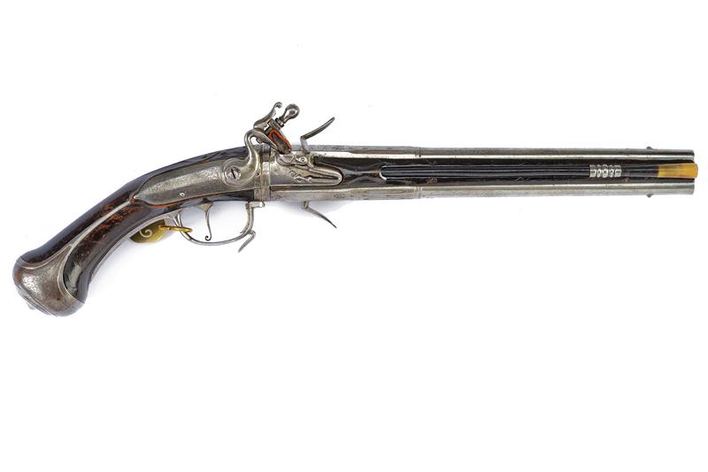 Rara pistola a pietra focaia a canne sovrapposte girevoli di Johann Balthasar Zellner