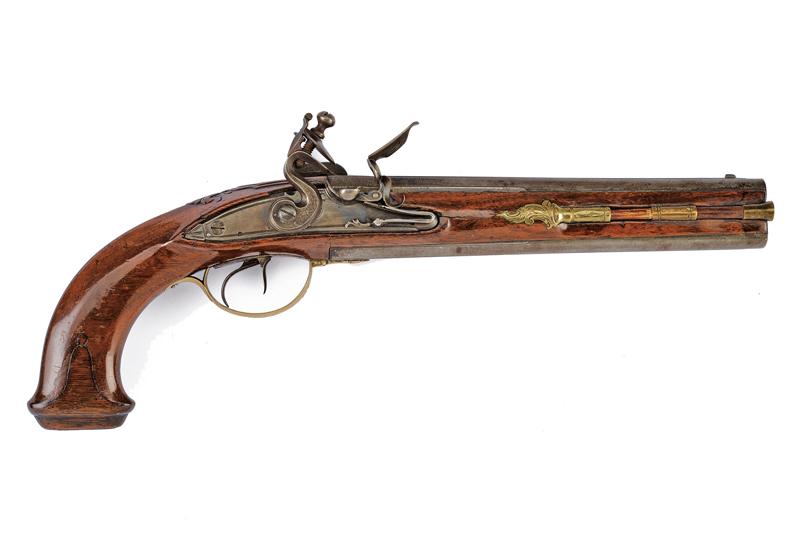 Rara pistola a due canne sovrapposte a pietra focaia e a luminello