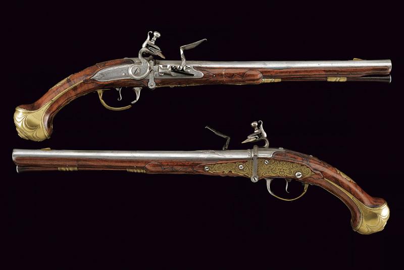 Rarissimo paio di pistole a pietra focaia a retrocarica