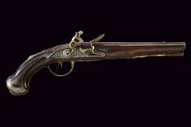 Pistola a pietra focaia a due canne firmata Barth