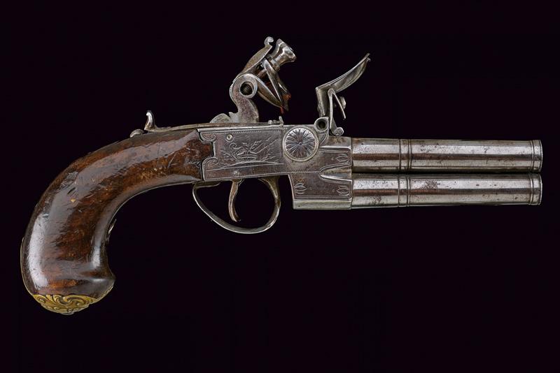 Rara pistola a pietra focaia a quattro canne